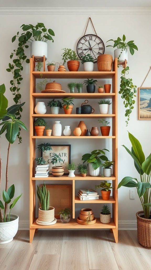 A wooden shelf filled with various plants and decorative items, showcasing a cozy and inviting atmosphere.