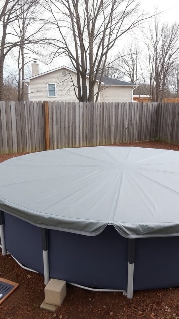 An above-ground pool covered with a gray tarp in a backyard setting.