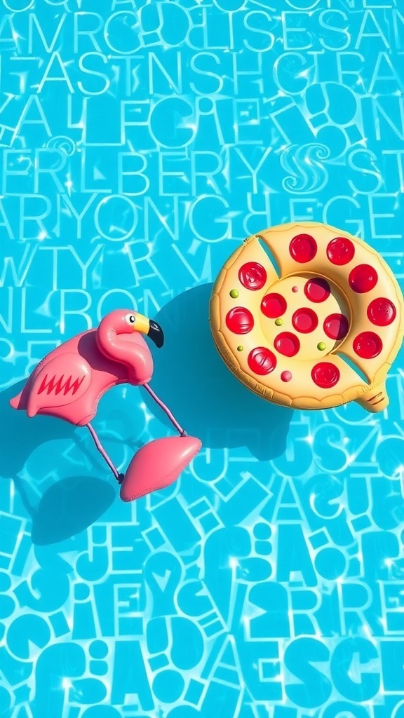 A pink flamingo float and a pizza float in a blue swimming pool
