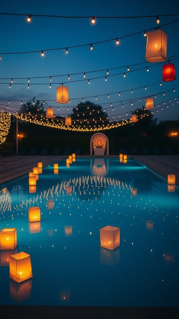 A beautifully lit pool area with string lights and floating lanterns at dusk.
