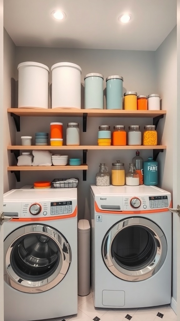 Organized laundry room shelves with colorful containers and jars above washing machines.