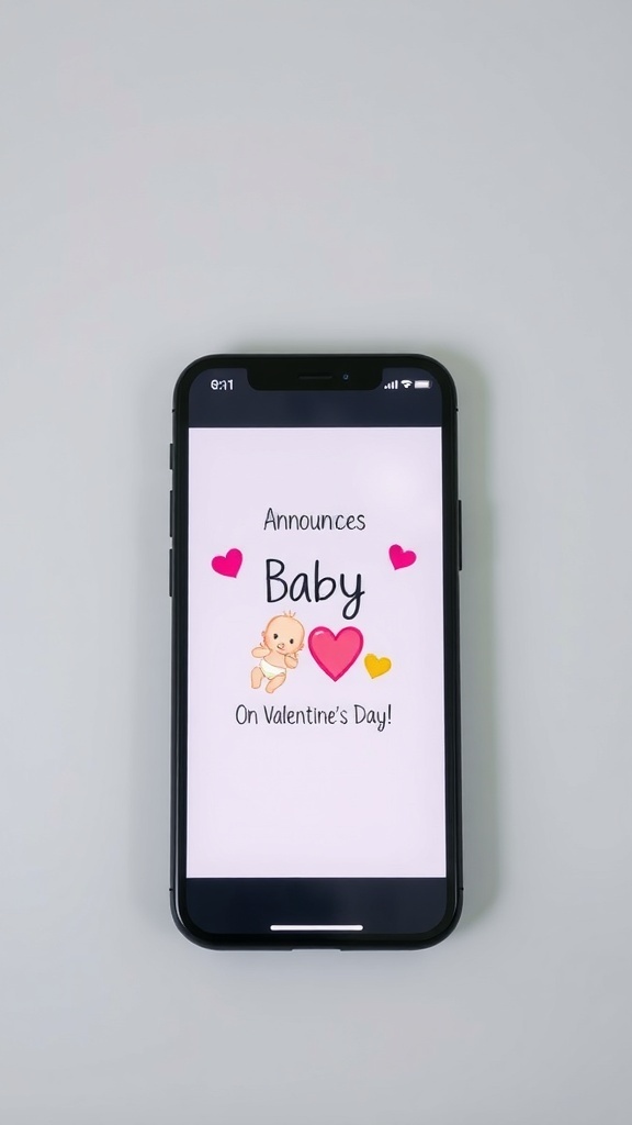 A smartphone displaying a baby announcement for Valentine's Day