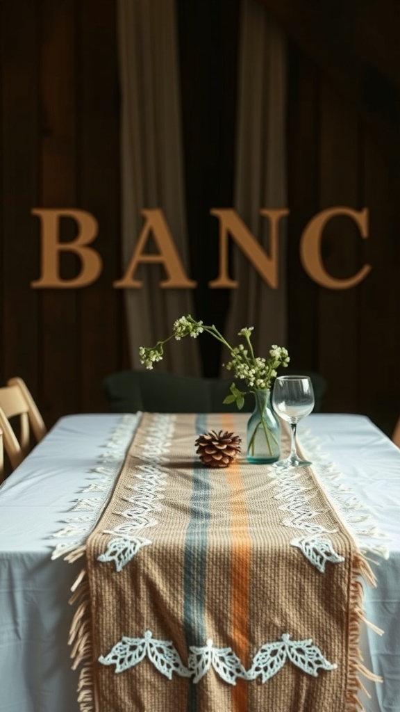 A beautifully set table with a textured table runner, flowers, and wine glasses.