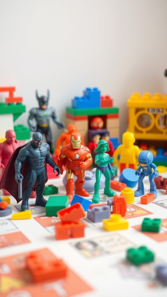 Colorful toys including action figures and building blocks, showcasing creative designs for kids.