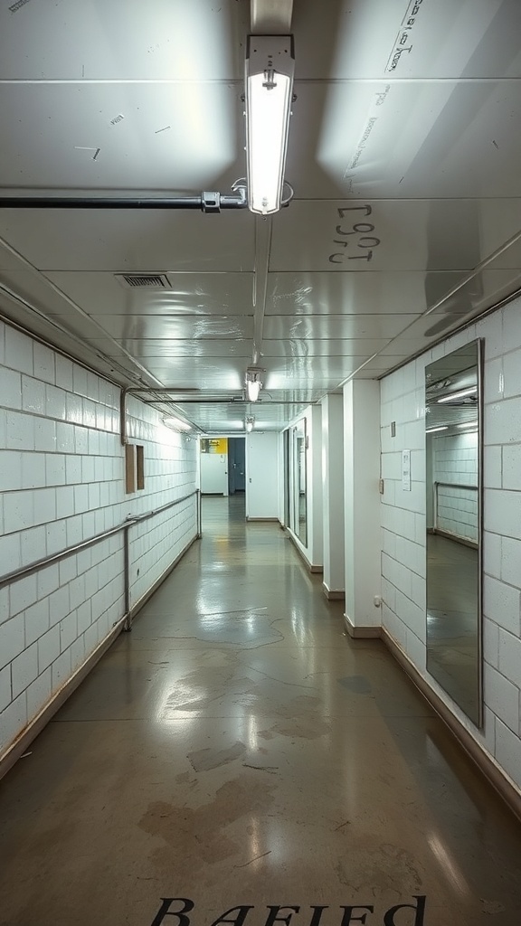 A long basement hallway with mirrors on one side and bright fluorescent lights above.