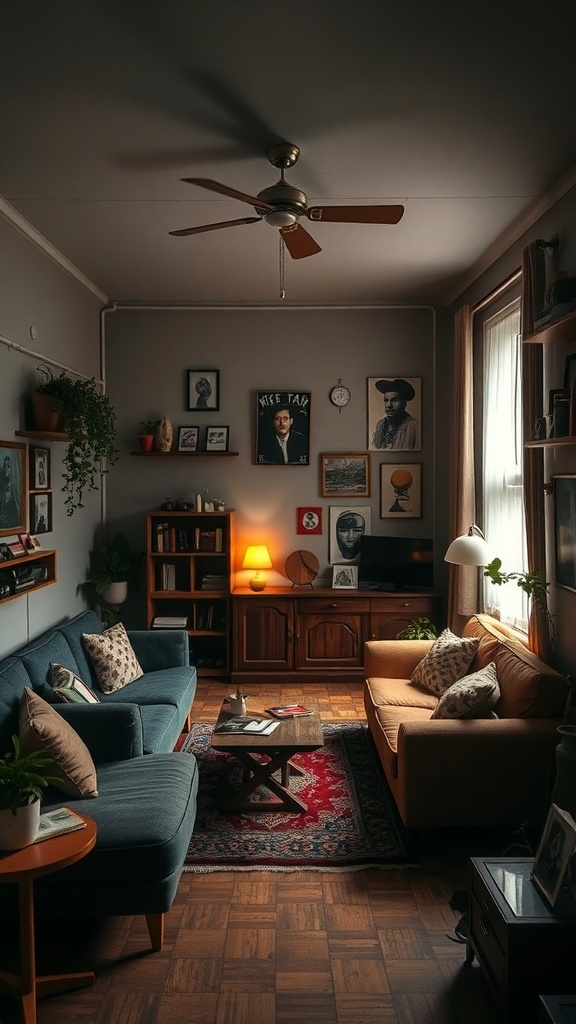 Cozy living room with blue and orange sofas, wall art, and wooden shelves