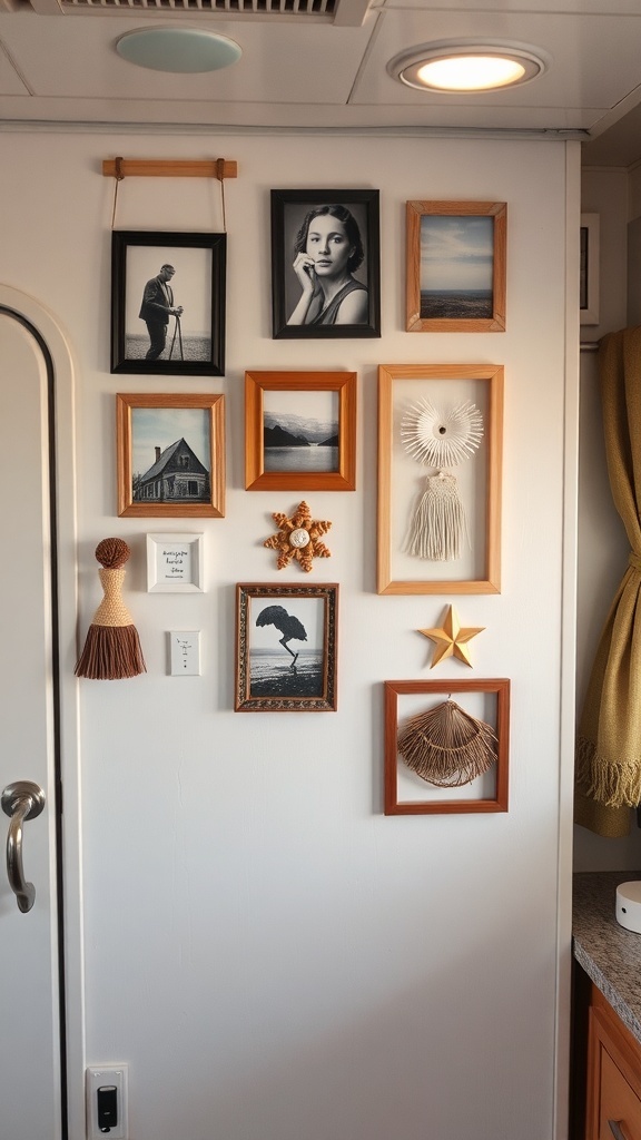 Gallery wall in an RV featuring a mix of framed photographs and woven art.