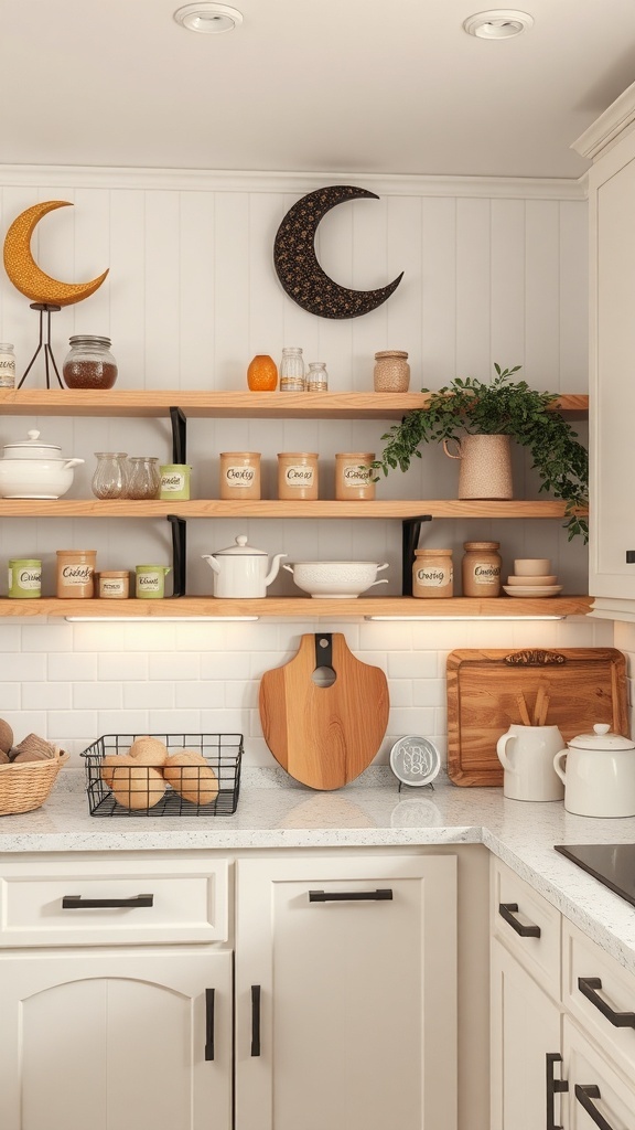 A kitchen shelf decorated with crescent moon accents and various kitchen items.