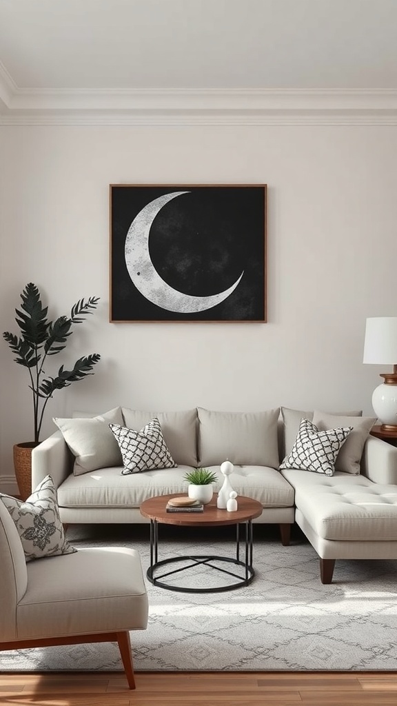 Living room with crescent moon artwork on the wall, beige couch, and decorative pillows
