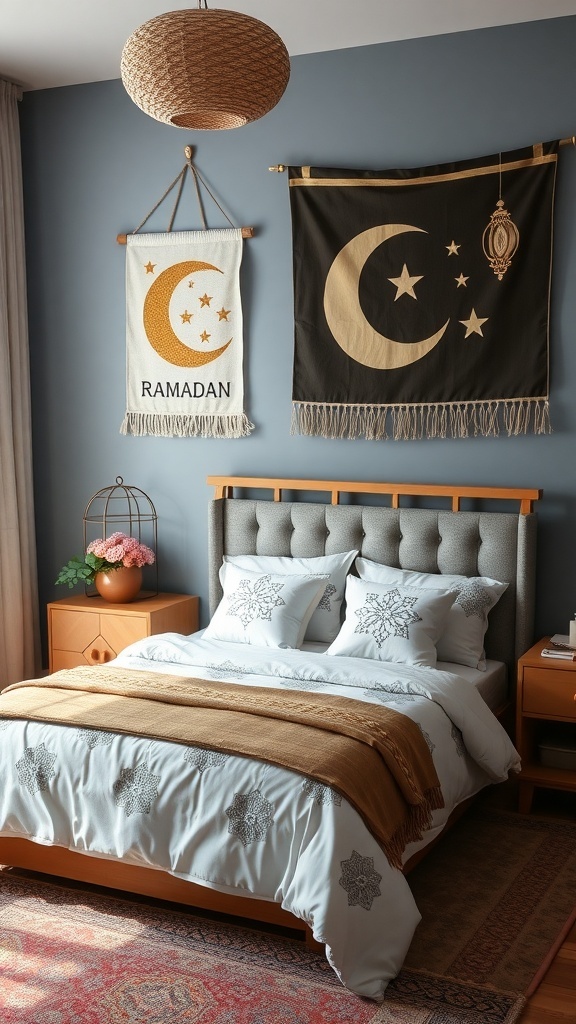 A cozy bedroom decorated for Ramadan with crescent moon wall hangings and warm bedding.