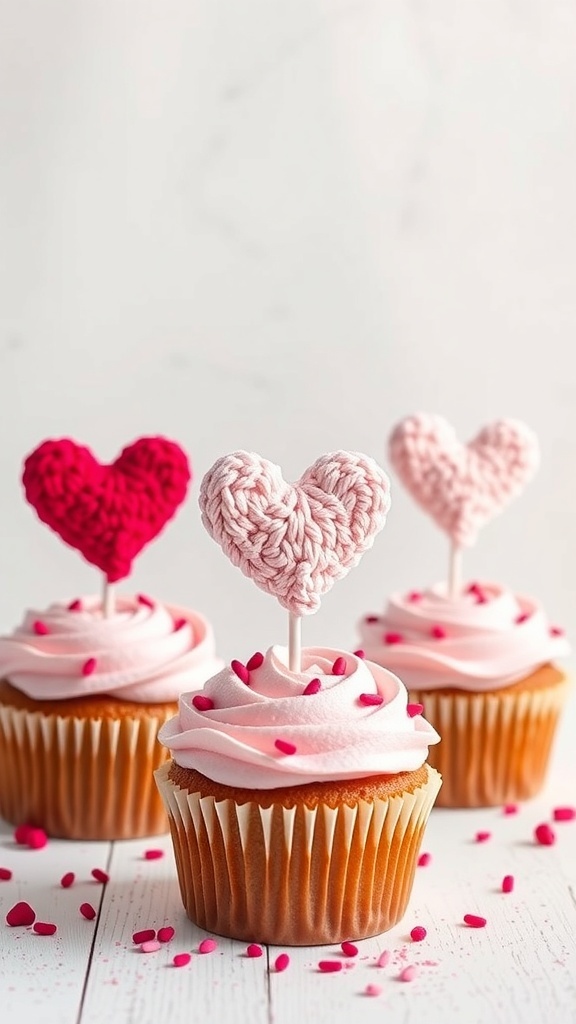 Three cupcakes with pink frosting topped with crochet heart toppers in red and pink.