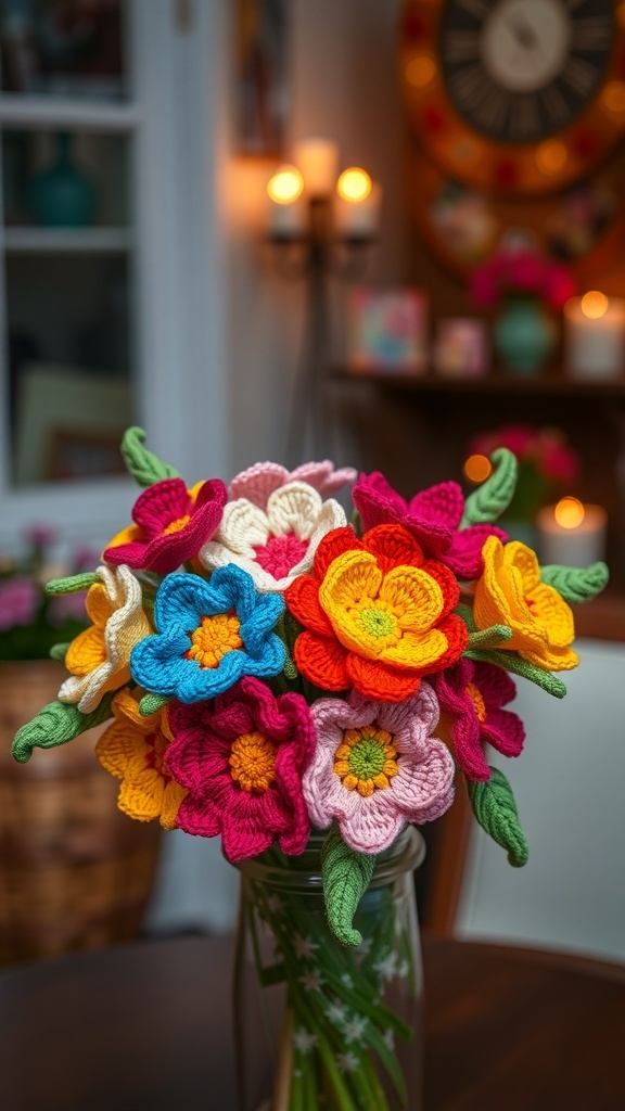 A vibrant crochet flower bouquet with colorful flowers and green leaves in a glass vase.