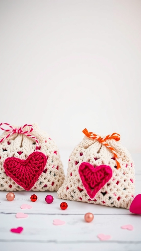 Two crochet gift bags with heart designs, surrounded by colorful confetti.