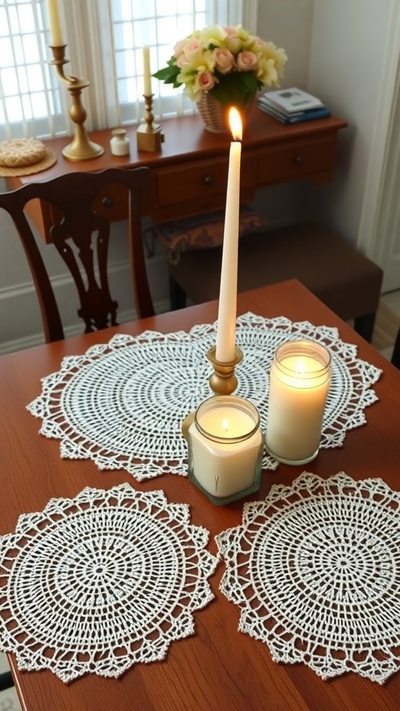 A table set with crochet heart-shaped doilies, candles, and a bouquet of flowers.