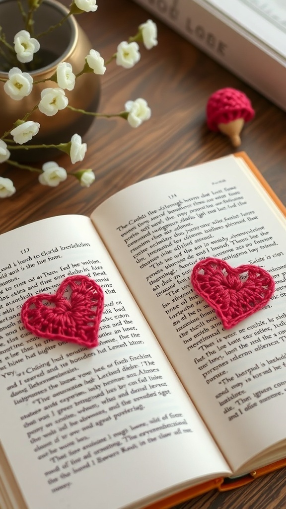 Two red crochet heart bookmarks on an open book with a vase of flowers in the background.