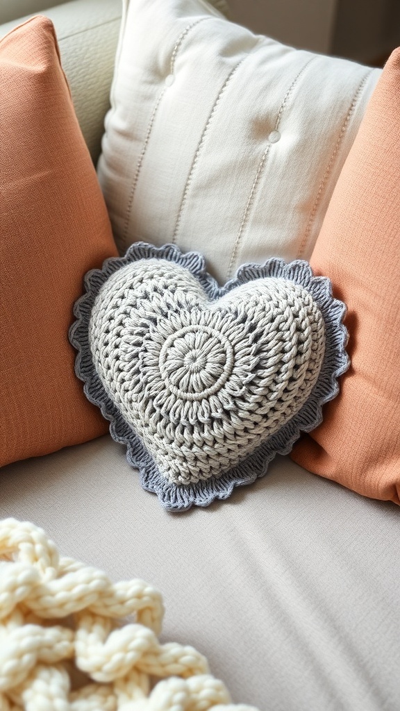 A cozy heart-shaped crochet pillow in cream and gray, placed on a sofa with other decorative pillows.