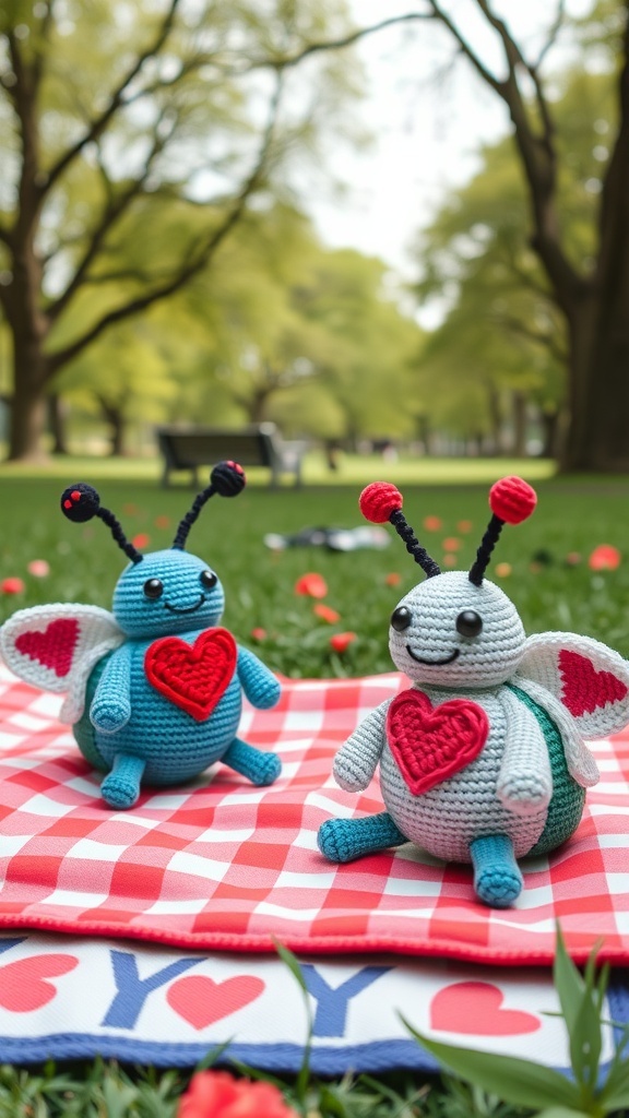 Two crochet love bugs with heart designs sitting on a picnic blanket in a park