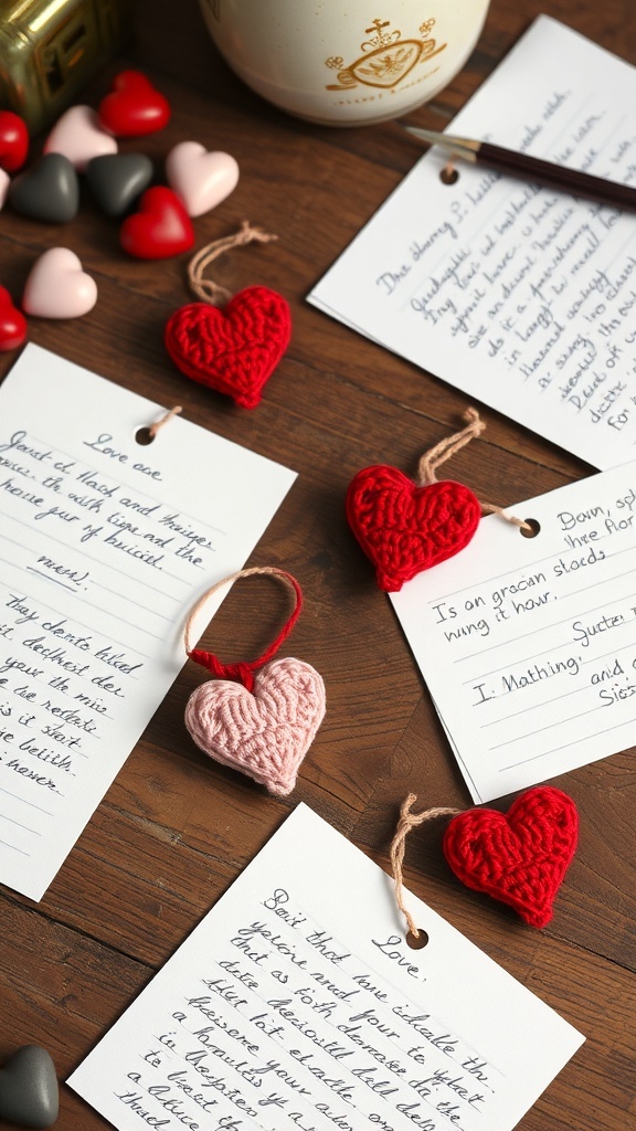 Crochet hearts and handwritten love notes on a wooden table