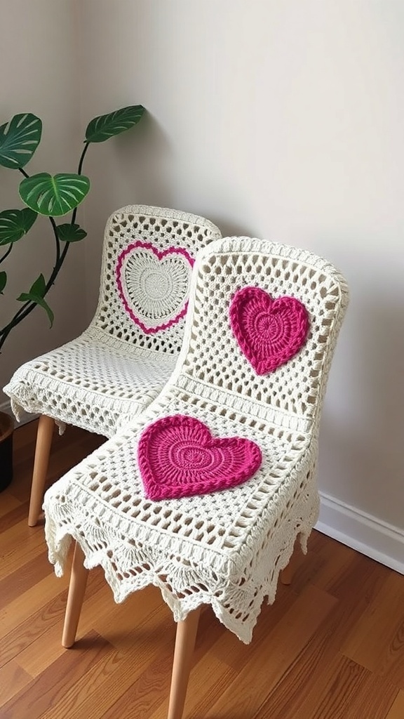 Two crocheted chair covers with heart designs in pink and cream.