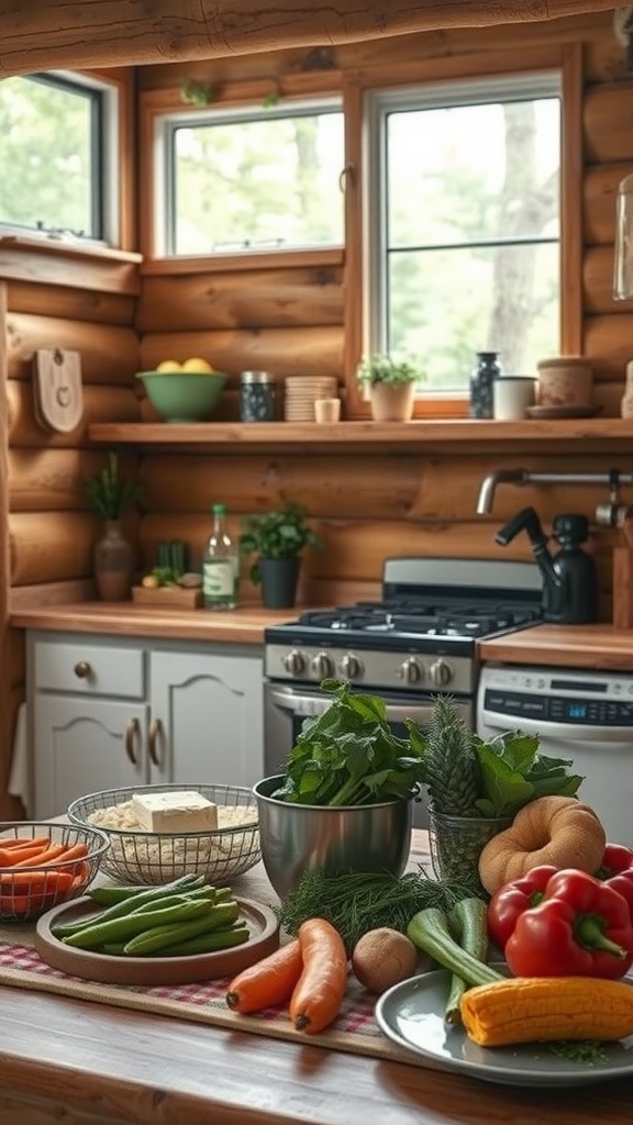 A cozy cabin kitchen with fresh vegetables and cooking supplies on the counter.