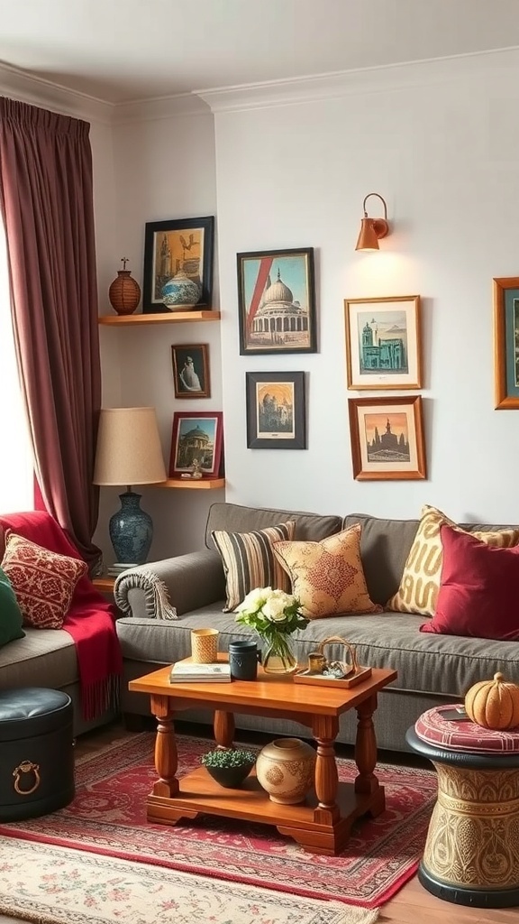 A cozy living room decorated for Ramadan with cultural artifacts and warm colors.