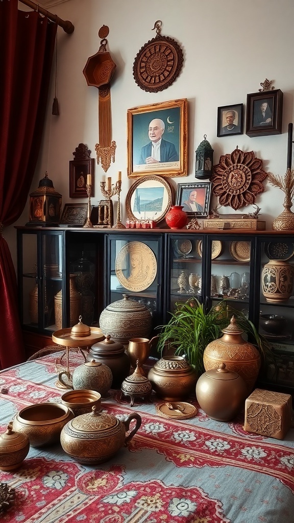A cozy bedroom corner featuring cultural artifacts, including intricate pottery, decorative items, and textiles, creating a warm atmosphere for Ramadan.