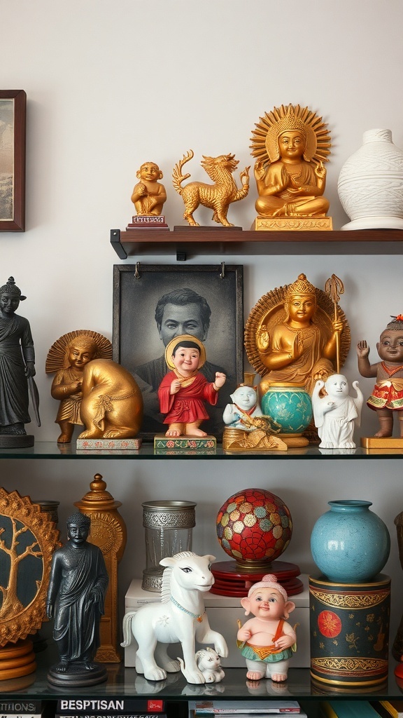 A collection of decorative items including golden statues and colorful ornaments on shelves.