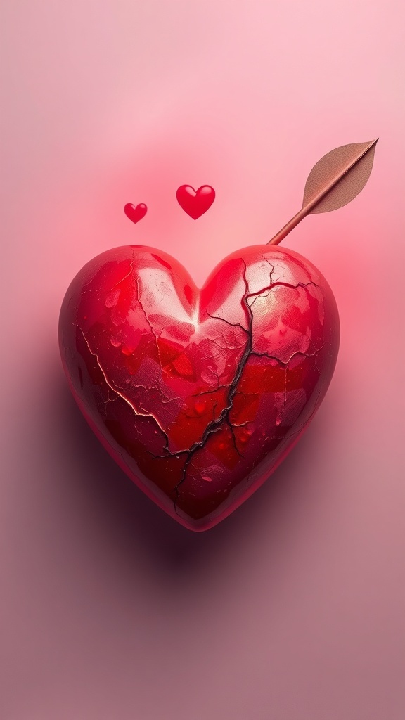 A cracked red heart with an arrow through it, symbolizing love and vulnerability.