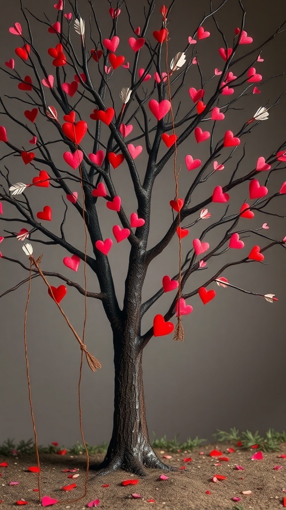 A decorative tree with red and pink hearts and arrows, symbolizing Valentine's Day.