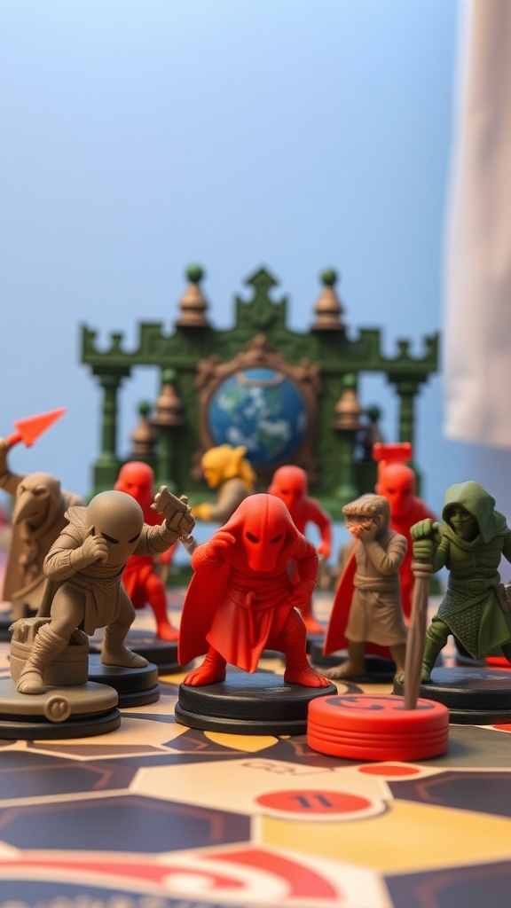 A collection of colorful custom game figurines on a board game, showcasing various characters and designs.
