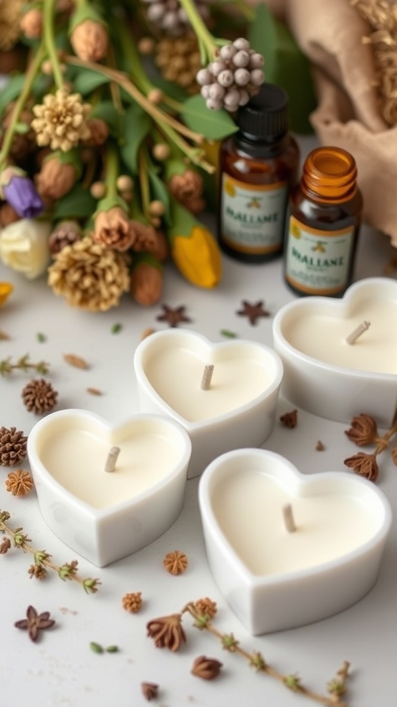 Heart-shaped candles surrounded by flowers and essential oils.