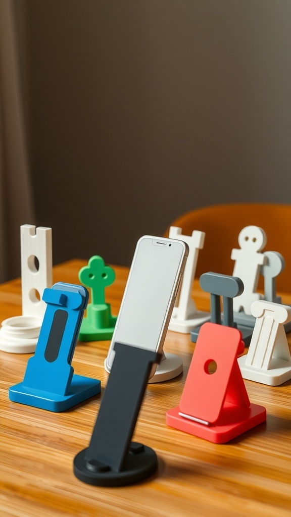 A variety of colorful customizable phone stands displayed on a wooden table.