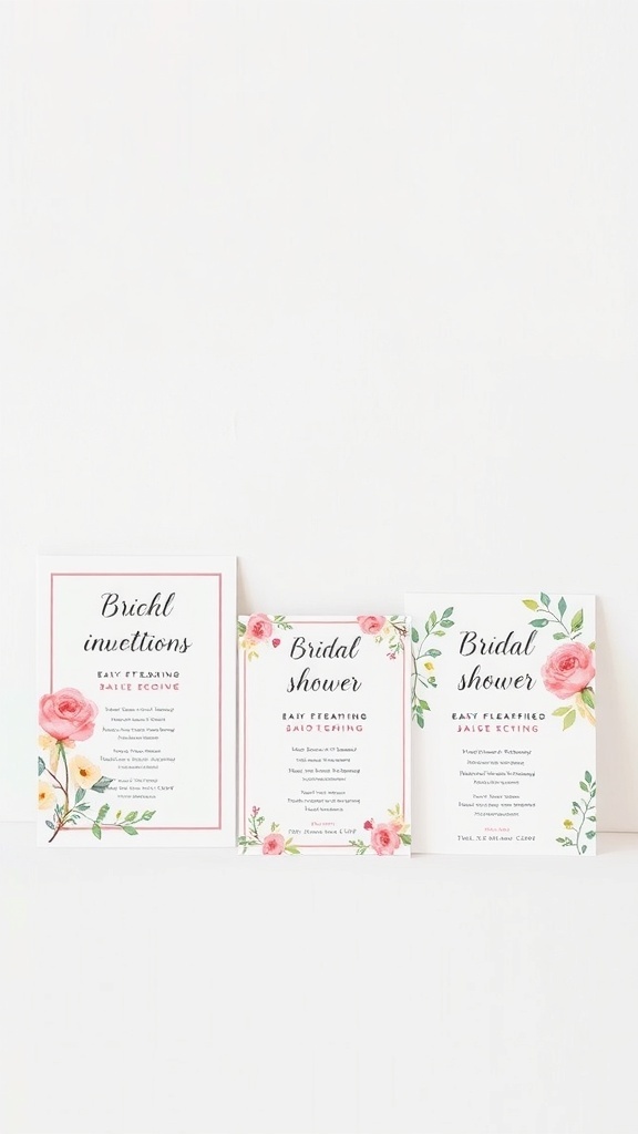 Three customized bridal shower invitations with floral designs.