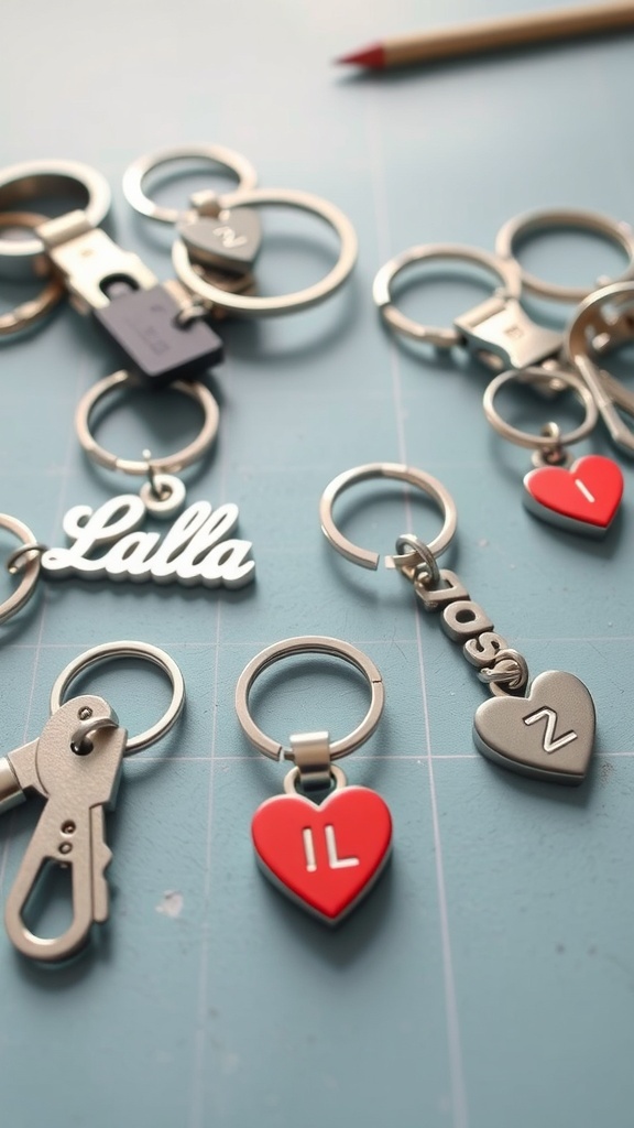 A collection of customized keychains featuring hearts and initials on a crafting surface.