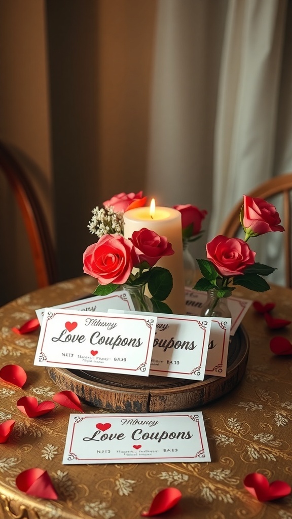 A table with customized love coupons, pink roses, and a candle, creating a romantic setting.