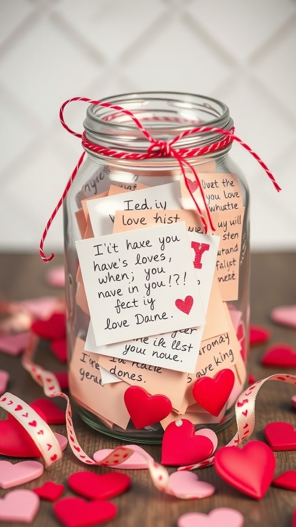 A jar filled with colorful love notes and hearts, tied with a ribbon.