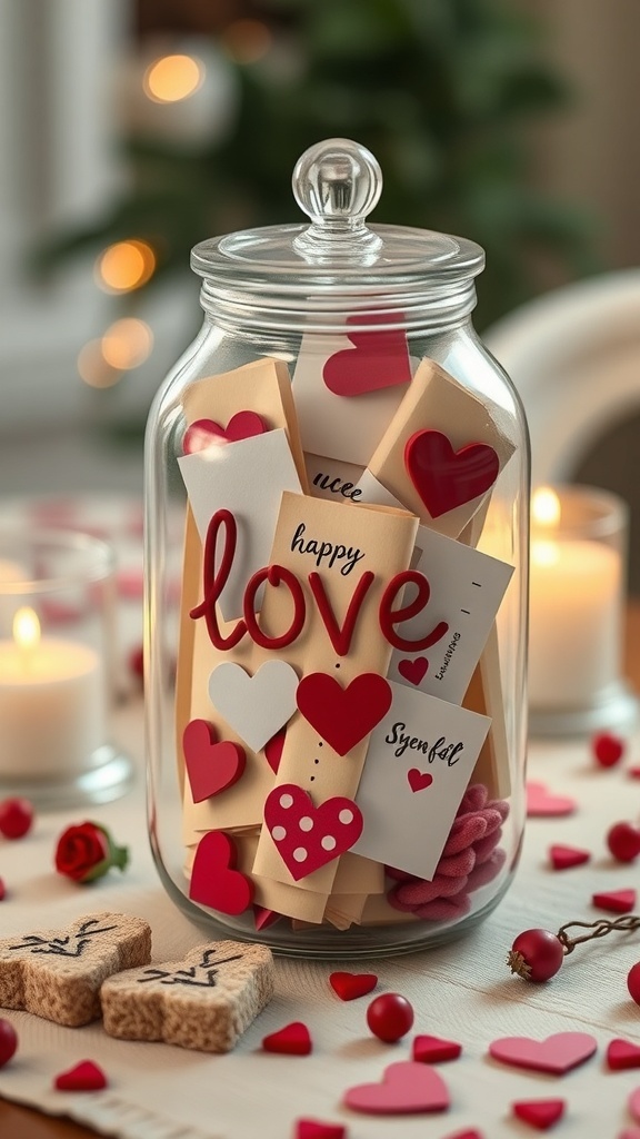A glass jar filled with colorful hearts and notes, symbolizing love and affection.