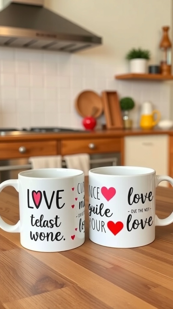 Two customized mugs with love messages on a wooden kitchen table.