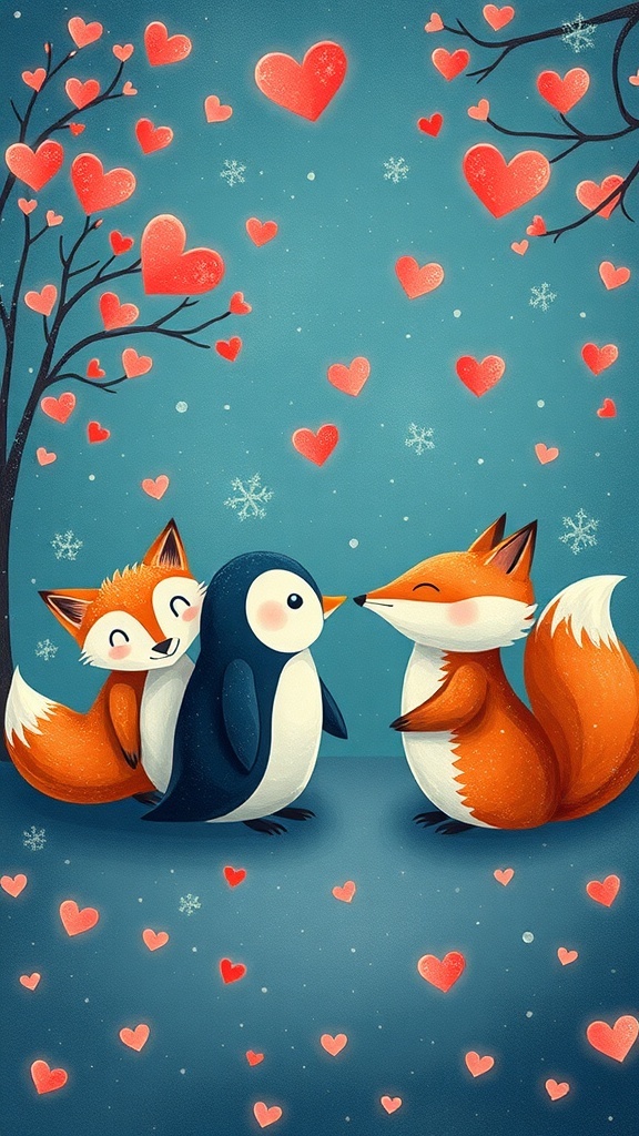 Cute illustration of a fox and a penguin surrounded by hearts and snowflakes.