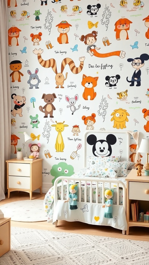 Colorful wallpaper featuring cute cartoon characters like animals and playful figures.