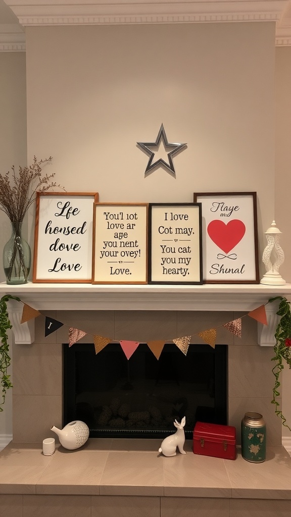 A cozy mantle decorated with love signs and quotes for Valentine's Day.