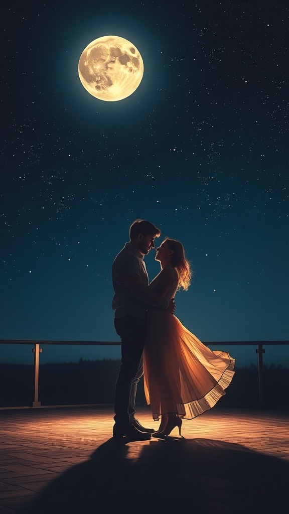 A couple dancing under a full moon with stars in the night sky.