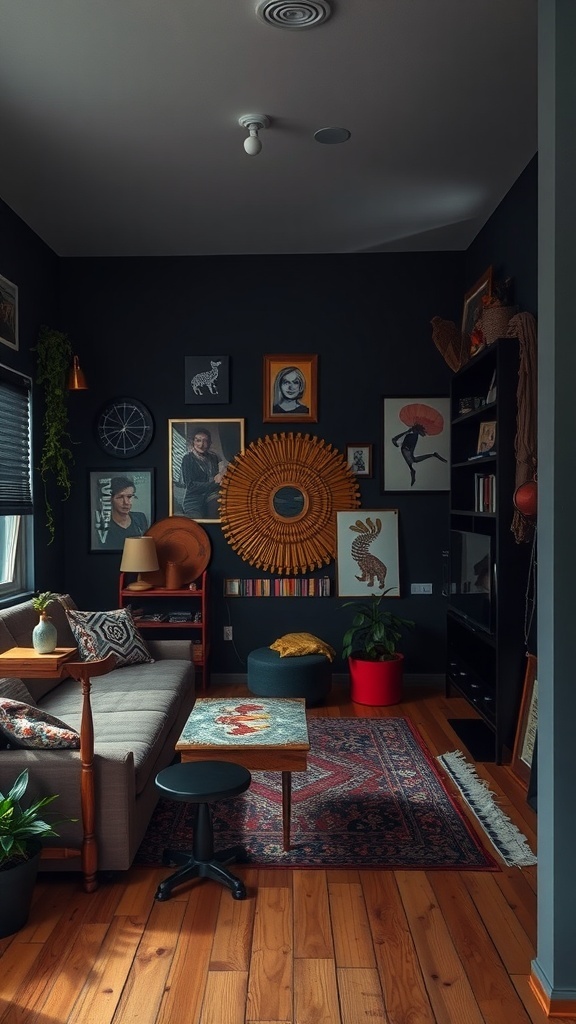 A cozy apartment with dark walls, wooden flooring, and bold decor accents.