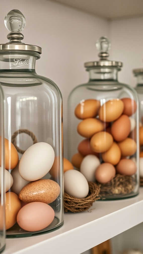 Glass jars filled with decorative eggs in various colors.