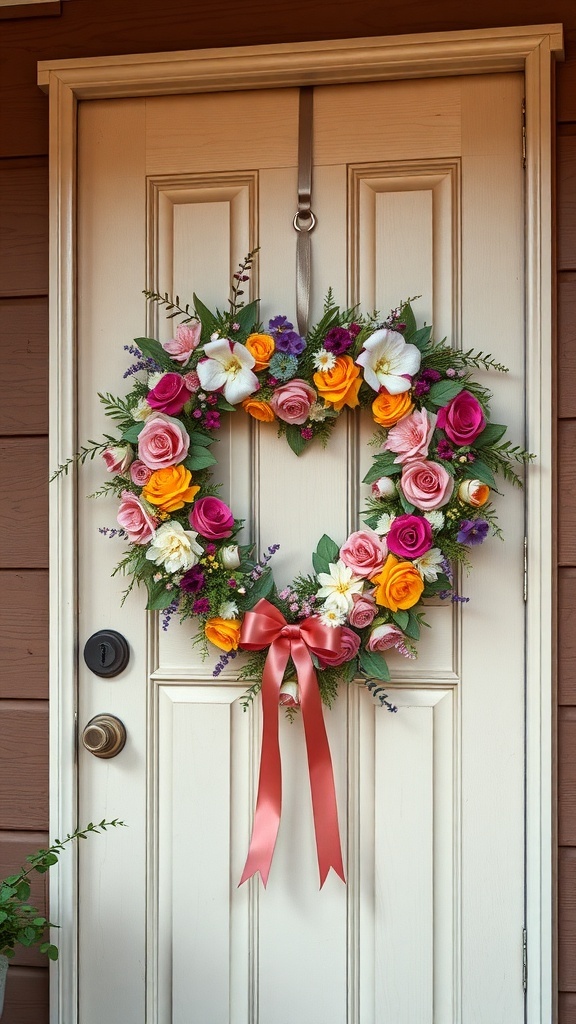 A decorative heart wreath made of colorful flowers hanging on a door.
