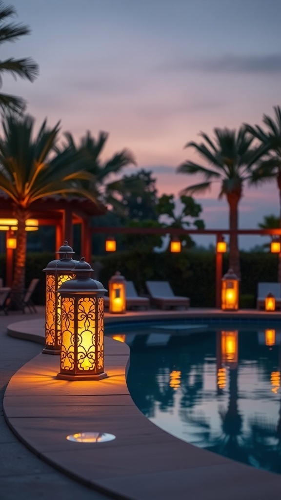Decorative lanterns glowing by a poolside at dusk
