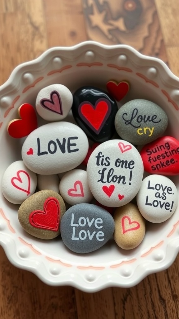 A bowl filled with decorative love stones, each painted with colorful hearts and loving messages.