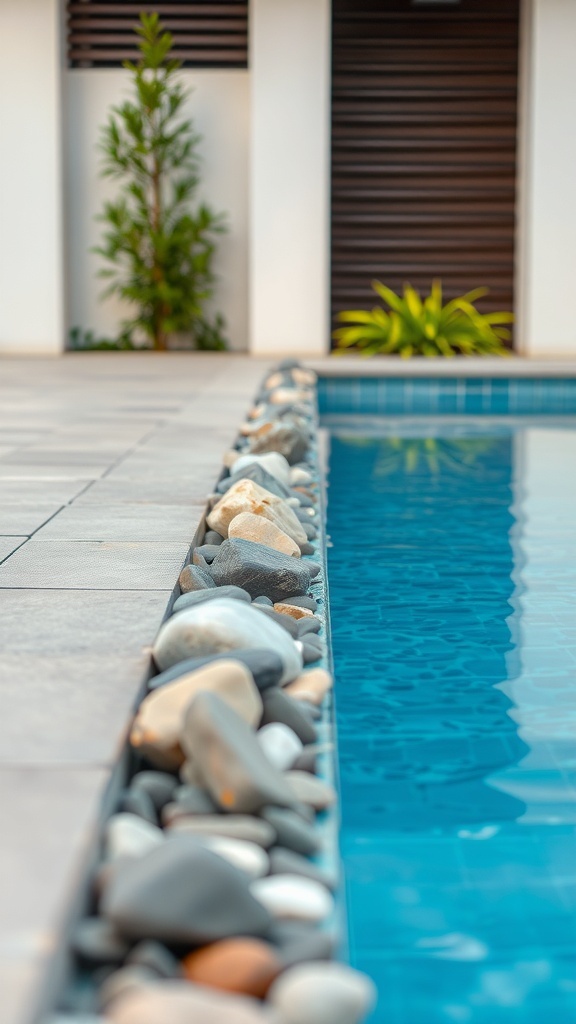 Decorative rocks and pebbles lining the edge of a swimming pool