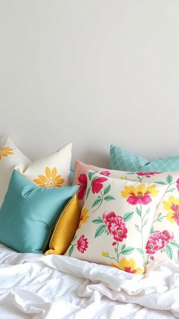 Colorful decorative throw pillows on a bed
