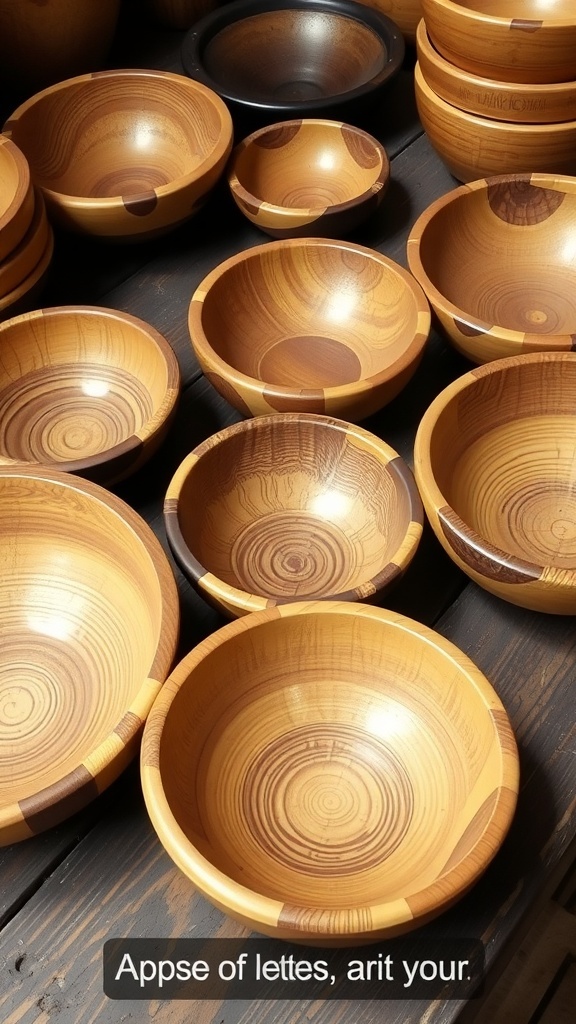 A collection of decorative wooden bowls in various sizes and designs.